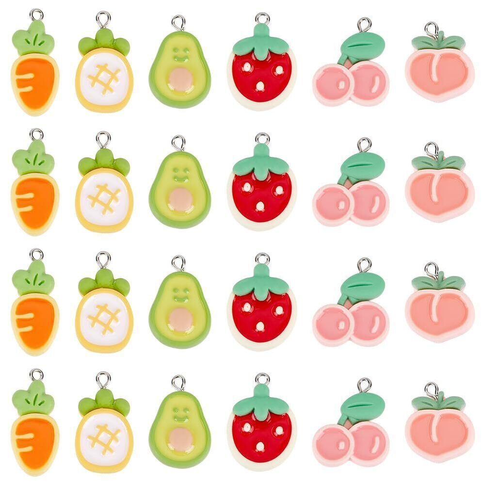 6922 24Pcs Resin Fruit Pendants 6 Style Cute Fruit Charms Cherry Carrot